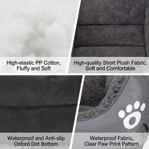 Detail view of soft plush pet bed with waterproof bottom and paw print pattern