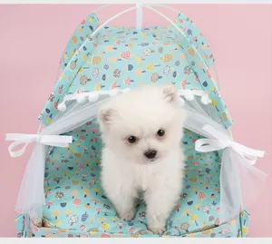 Detailed view of the cute mushroom pattern and white lace door on the pet tent