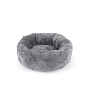 Soft plush grey round pet bed for cats and small dogs, winter warm donut cat nest bed