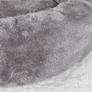 Premium soft gray plush round pet bed featuring warm and cozy arctic velvet texture