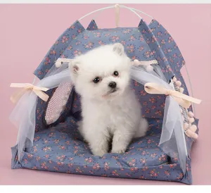 Floral pattern blue pet tent with lace trim and bow decoration for small dogs and cats