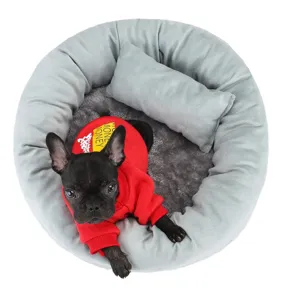 Cozy gray tart-shaped plush pet bed with matching pillow for small dogs and cats.