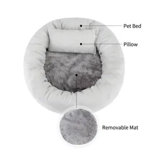 Grey round donut pet bed with soft pillow and detachable plush cushion for small dogs