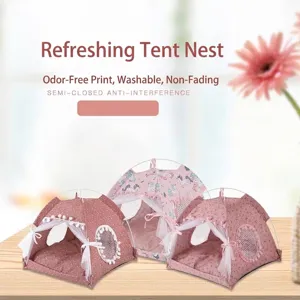 Breathable semi-closed pet tent bed with floral and unicorn patterns for cats and dogs