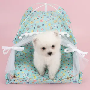 Cute blue mushroom pattern pet tent with white puppy inside for summer cooling