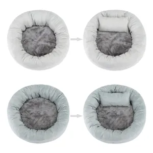 Comfortable plush round doughnut pet bed set with matching pillow for cats and small dogs