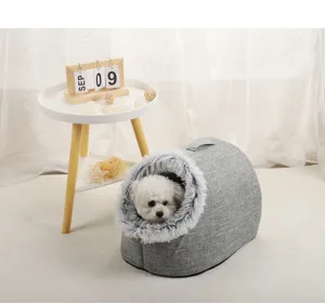 Detail view of a cozy portable linen pet bed with plush fur trim for cats and small dogs