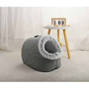 Cozy grey linen pet cave bed featuring soft faux fur trim and a portable top handle for easy carrying