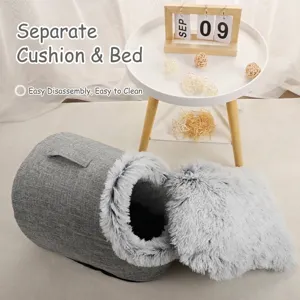 Portable gray linen plush pet cave bed with detachable cushion for cats and small dogs