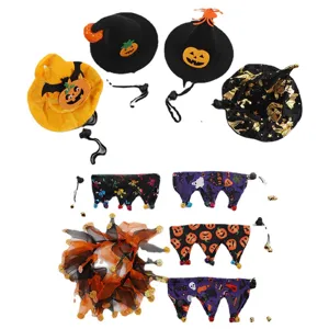 Halloween pet costume set featuring pumpkin hats and spooky collars for dogs and cats