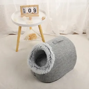 Cozy grey linen pet bed house with plush lining and portable handle for cats and small dogs
