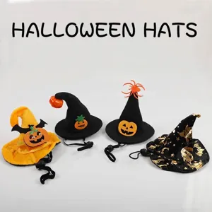 Assorted Halloween pet witch hats with pumpkin and spider designs for cats and dogs
