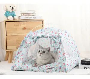 Cute ice cream print pet tent house for cats and small dogs with soft cushion and bow.