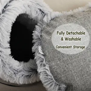 Comfortable long plush pet nest bed with grey linen exterior for cats and small dogs