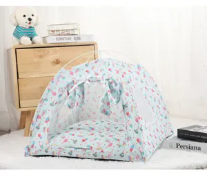 Cute ice cream print pet tent for cats and dogs, foldable half closed design with soft inner cushion.