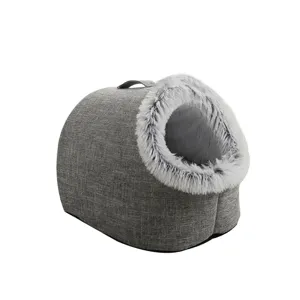 Cozy grey linen pet nest with plush trim and handle for cats and small dogs.