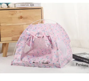 Pink foldable pet tent cat bed cute cartoon print puppy house with soft cushion interior details.