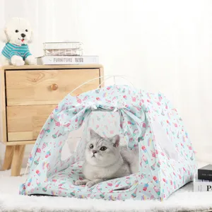 Cute blue ice cream pattern pet tent for cats and small dogs, foldable and breathable house.