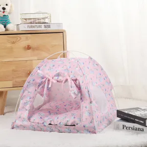 Pink cute pattern folding pet tent house for cats and dogs, breathable mesh indoor cozy bed.