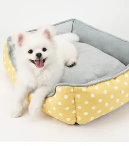 Confortevole cuccia quadrata gialla a pois con un piccolo cucciolo bianco dentro