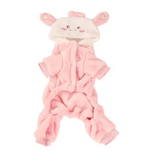 Cute pink flannel pet bunny jumpsuit for small dogs and cats, autumn/winter wear.