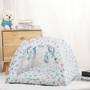 Cute blue ice cream print pet tent house with bow lace, foldable cat dog bed for small pets.