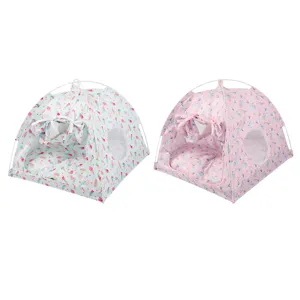 Foldable semi-closed pet tent house for cats and dogs with cute printed cushion and mesh.