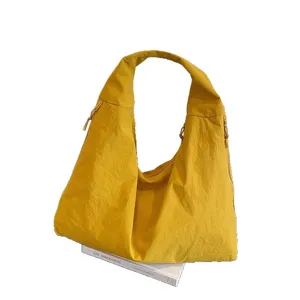 Grande borsa hobo gialla in nylon impermeabile da donna, borsa a tracolla leggera