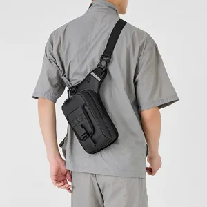 Durable black waterproof tactical leg bag for men shown on model for outdoor motorcycle riding