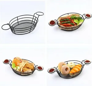 Black oval iron wire food basket with dual sauce cup holders for snacks and fries
