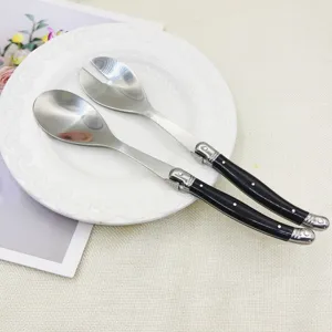 Close-up of Laguiole style stainless steel salad server set on white plate