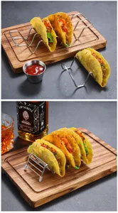 Stainless steel taco holder racks displaying multiple loaded tacos on a wooden board