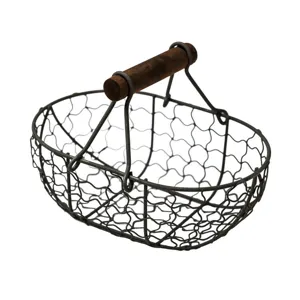 Vintage rustic iron wire storage basket with dark wooden handle for kitchen fruit