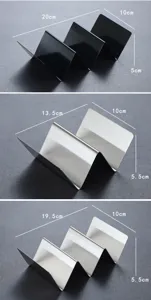 Dimensions of stainless steel taco holders shown in 2-slot and 3-slot design variants