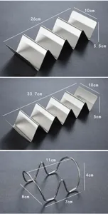 Detailed dimensions of stainless steel taco holder racks for multiple serving sizes.