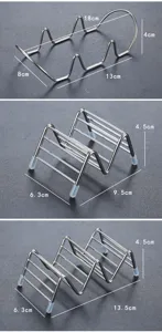 Detailed dimensions of stainless steel taco holders in three different sizes and designs.