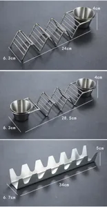 Professional stainless steel taco holder stands with sauce cups and various sizes