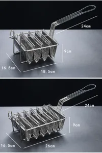 Professional stainless steel taco fryer basket with clear dimensions for 4 and 6 shells