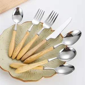 304 Stainless Steel Cutlery Set With Ash Wood Handle Mirror Polished Dinner Knife Fork Spoon Tea Spoon Western Dinnerware For Banquet Daily