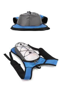 Detail of lightweight running hydration backpack with reflective surface and mesh straps