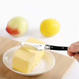 Stainless steel butter knife with black handle and bee logo for spreading jam and butter.