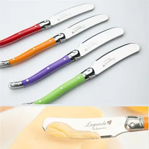 Colorful stainless steel butter knife set with classic handle for daily kitchen use.