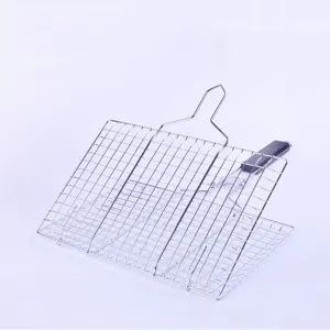 Detailed side view of the foldable stainless steel BBQ grill net basket for fish