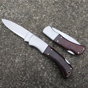 Detailed macro view showing the sharp steel blade and wood handle of the classic folding knife
