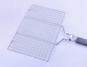 Detailed view of the stainless steel BBQ grill basket with a secure locking latch