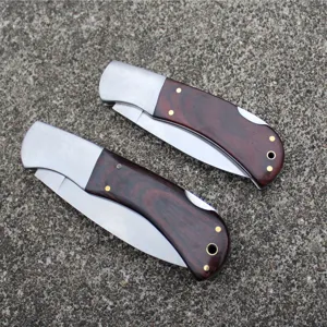 Detailed close-up shot of two outdoor camping folding knives with dark wood handles