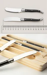 Laguiole style stainless steel butter knife with black handle and wooden storage tray set.
