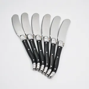 High-quality set of six stainless steel butter knives with black curved handles