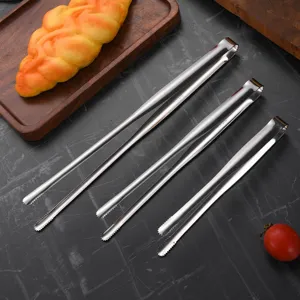 Set of three 304 stainless steel kitchen tongs with serrated tips for BBQ and ice