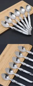 Stainless steel spoon set with marble pattern handles, elegant detailed presentation.